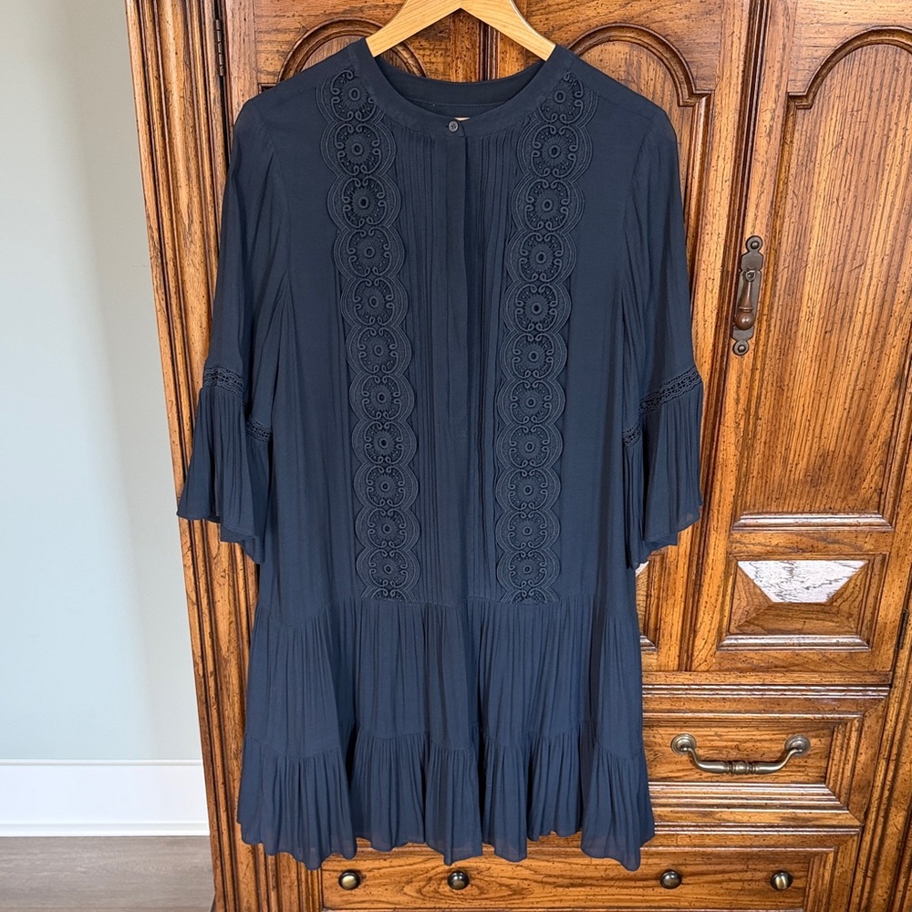 Navy Blue Embroidered Tiered Dress